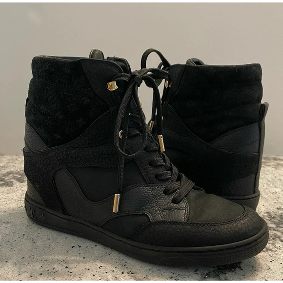 Louis Vuitton Millenium Wedge Sneakers Leather Embossed Suede Black Size 37 - Picture 2 of 15